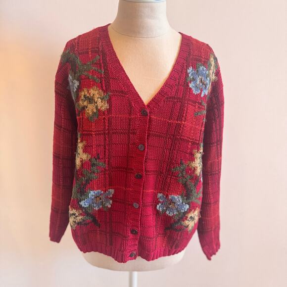 VTG Talbots Petites Womens PS Hand Knit Button Fall Cardigan Sweater Floral 90's - Picture 2 of 16